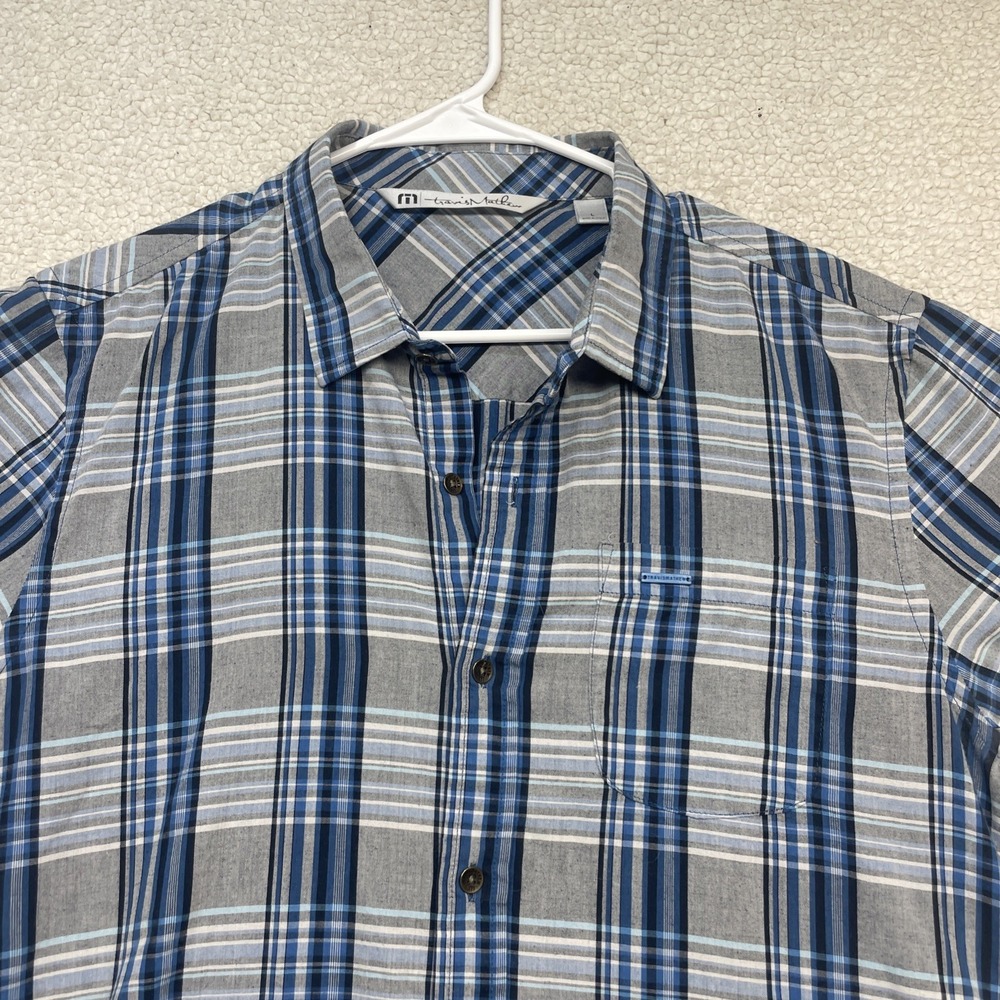 TravisMathew Button Up Mens L Blue Grey Plaid Short Sleeve Casual Golf Shirt